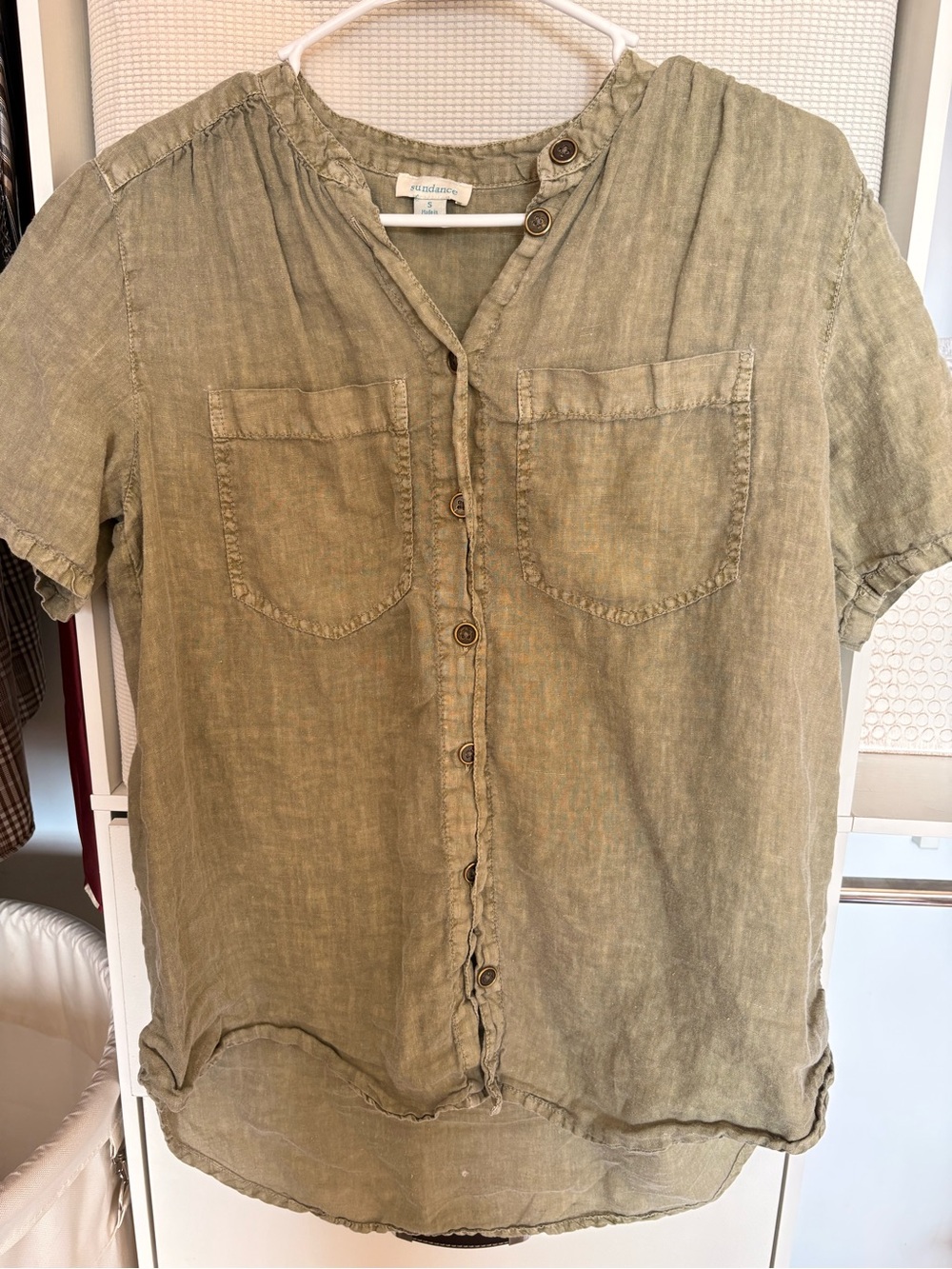 Sundance Olive Green Short-Sleeve Button-Down Linen Shirt